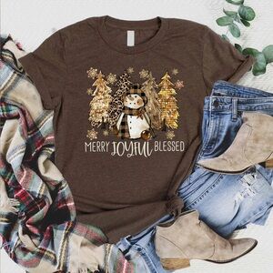 Love in Faith “Merry Joyful, Blessed” Brown Shirt with Festive Design